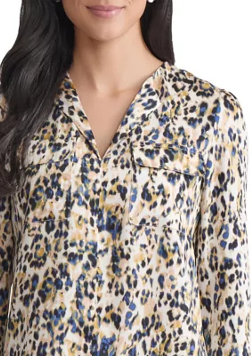 Petite Long Sleeve Simplified Utility Blouse with Pockets - Printed Satin Twill