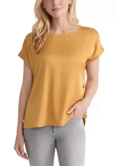 Petite Short Sleeve Button Detail Blouse - Hammered Satin