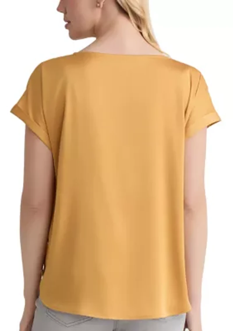 Petite Short Sleeve Button Detail Blouse - Hammered Satin