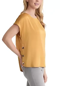 Petite Short Sleeve Button Detail Blouse - Hammered Satin