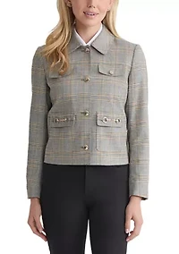Petite Button Down Jacket with Pockets - Glen Plaid