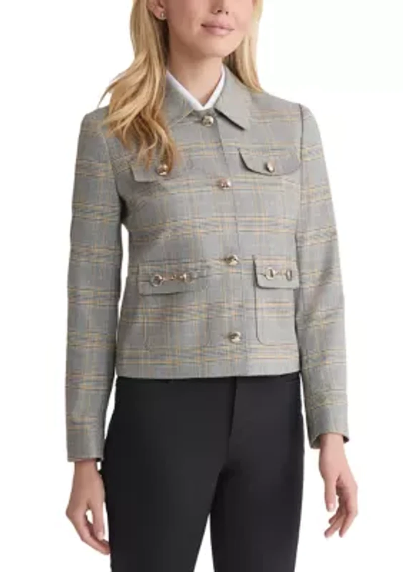Petite Button Down Jacket with Pockets - Glen Plaid