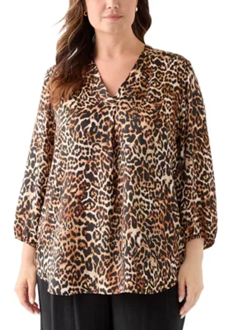 Plus 3/4 Sleeve Satin V-Neck Shirt