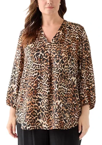 Plus 3/4 Sleeve Satin V-Neck Shirt