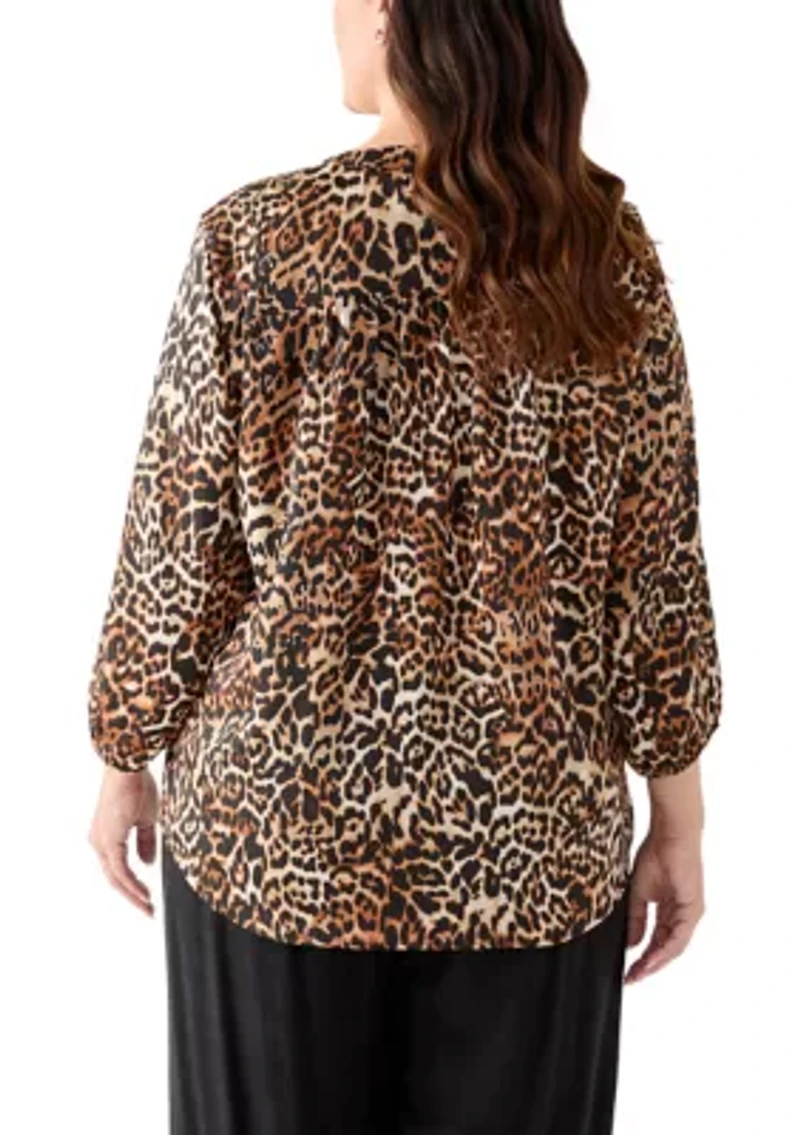 Plus 3/4 Sleeve Satin V-Neck Shirt