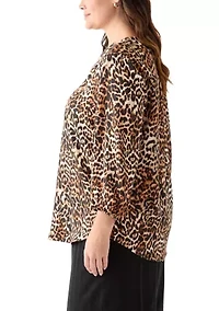 Plus 3/4 Sleeve Satin V-Neck Shirt