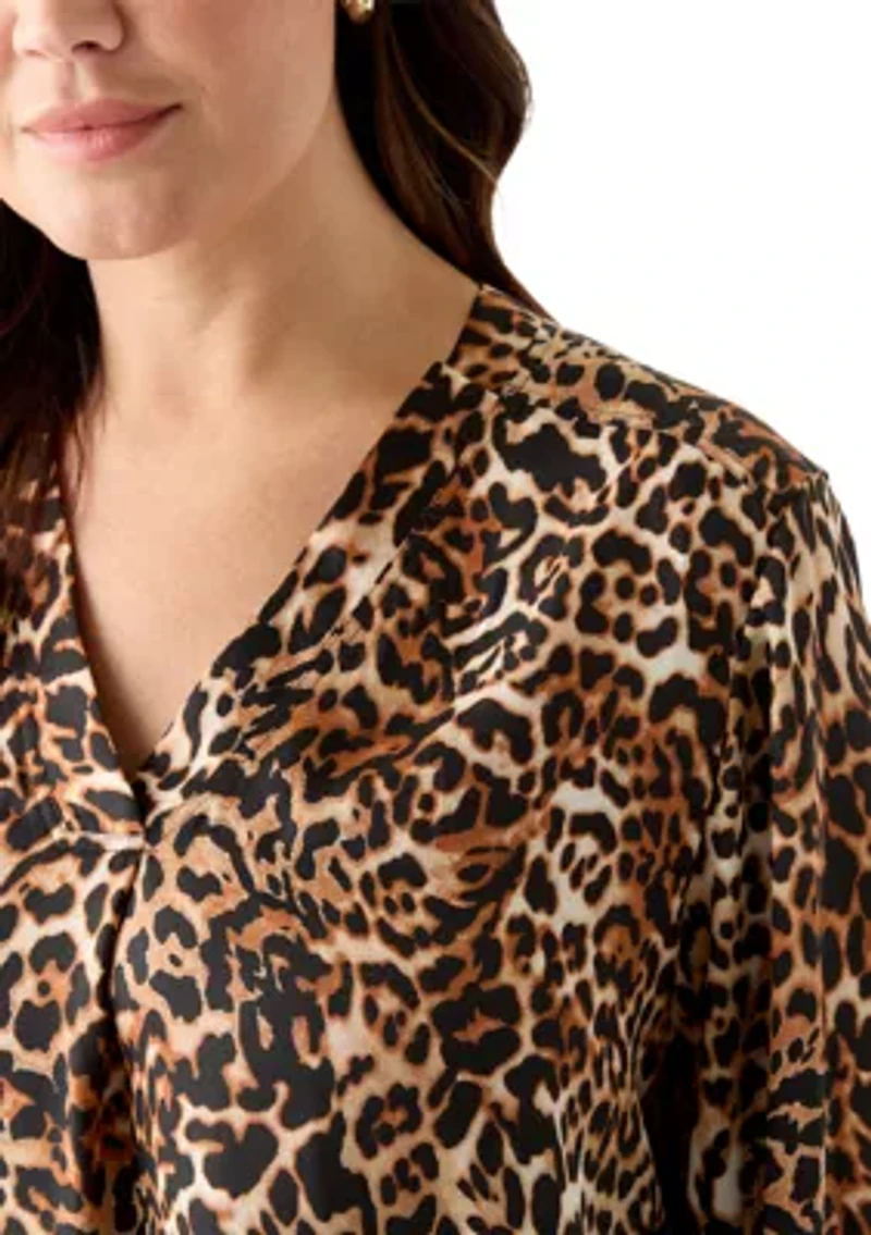 Plus 3/4 Sleeve Satin V-Neck Shirt