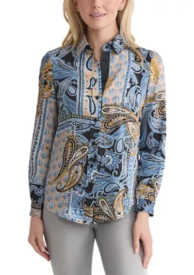 Women's Long Sleeve Printed Satin Shirt