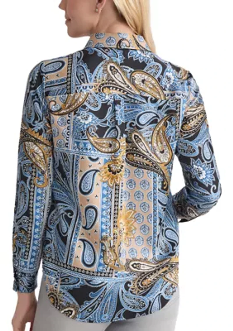 Women's Long Sleeve Printed Satin Shirt