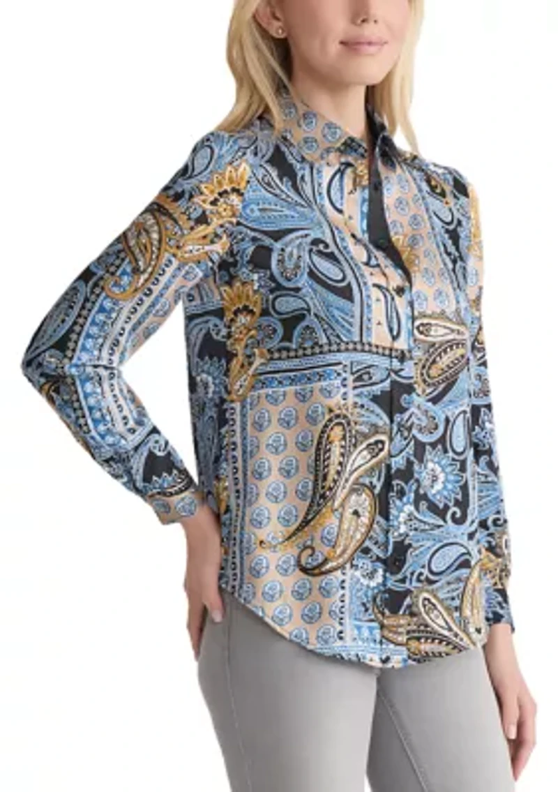 Women's Long Sleeve Printed Satin Shirt