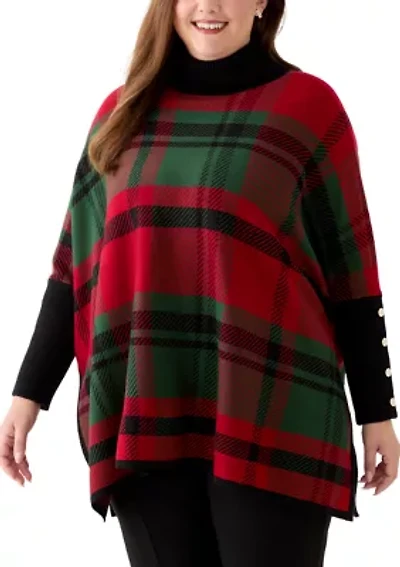 Plus Jacquard Plaid Funnel Turtleneck