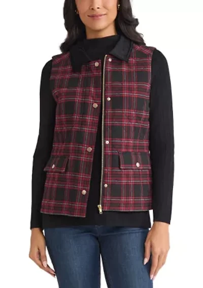Women's Tartan Quilted Vest with Combo Collar