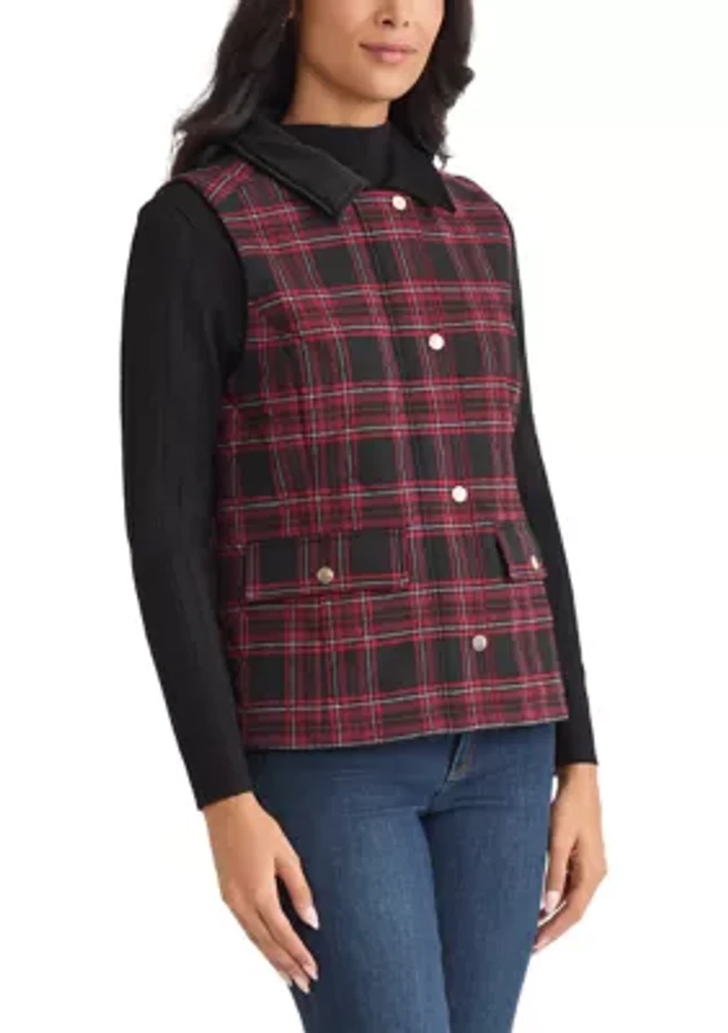 Women's Tartan Quilted Vest with Combo Collar