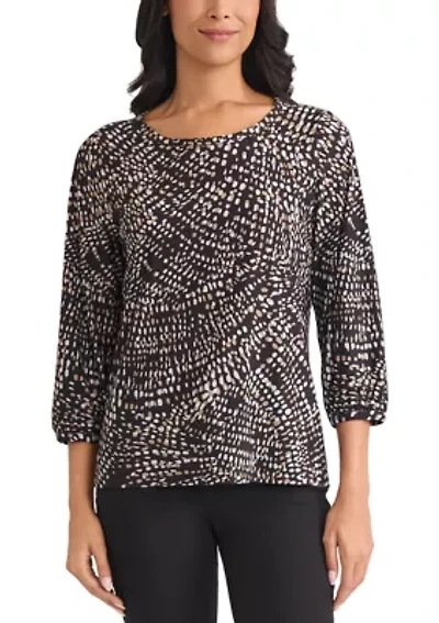 Petite Crew Neck 3/4 Puff Cuff Sleeve Printed Top