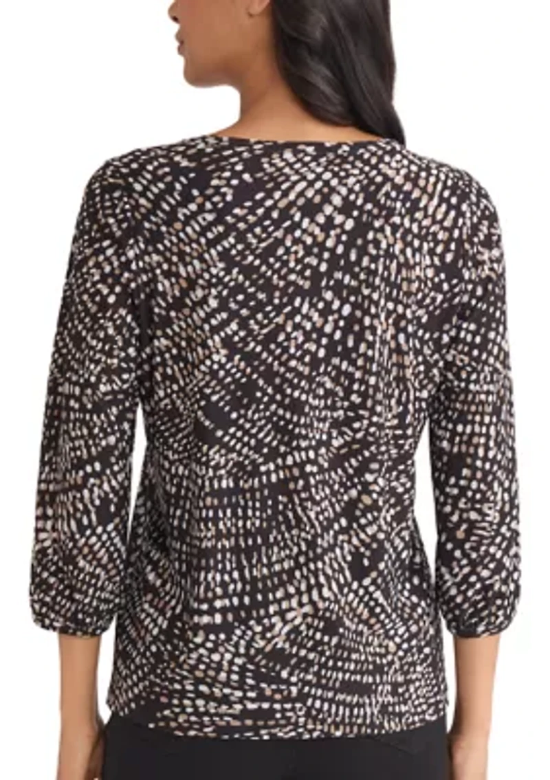 Petite Crew Neck 3/4 Puff Cuff Sleeve Printed Top