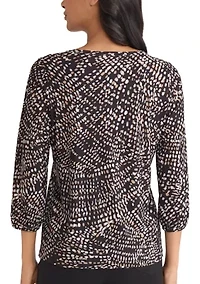 Petite Crew Neck 3/4 Puff Cuff Sleeve Printed Top