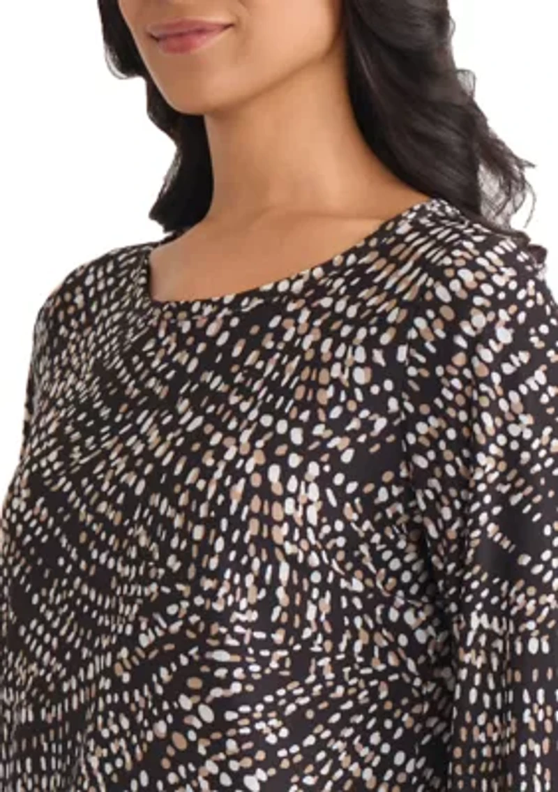 Petite Crew Neck 3/4 Puff Cuff Sleeve Printed Top