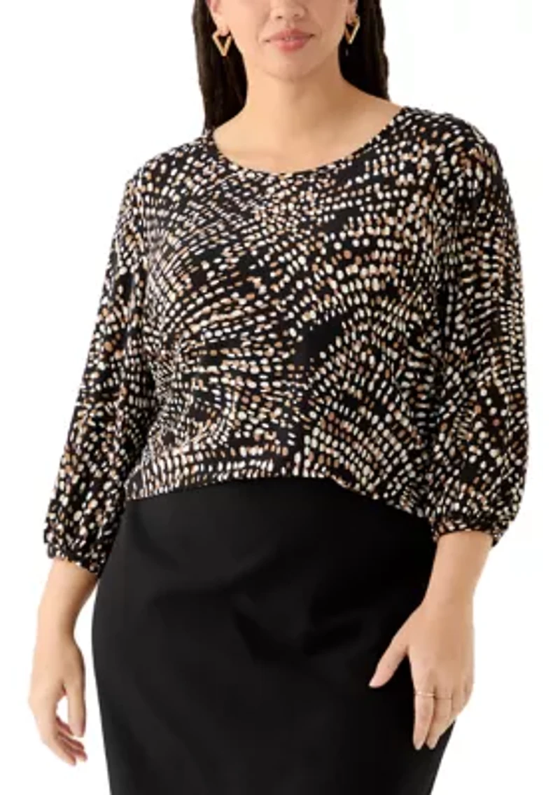 Plus Crew Neck Button Sleeve Printed Blouse