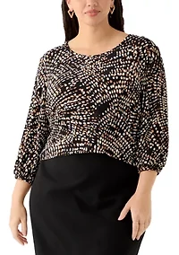 Plus Crew Neck Button Sleeve Printed Blouse