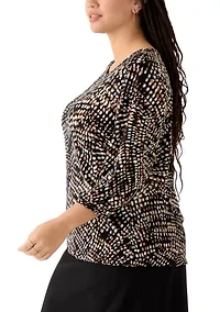 Plus Crew Neck Button Sleeve Printed Blouse