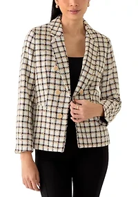 Petite Faux Double Breasted Tweed Houndstooth Jacket