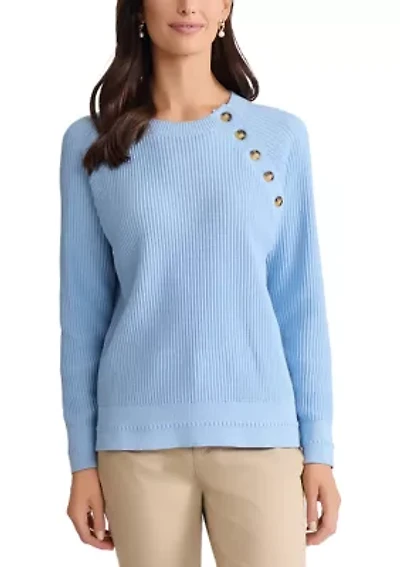 Women's Button Shoulder Raglan Sleeve Crew Neck Sweater