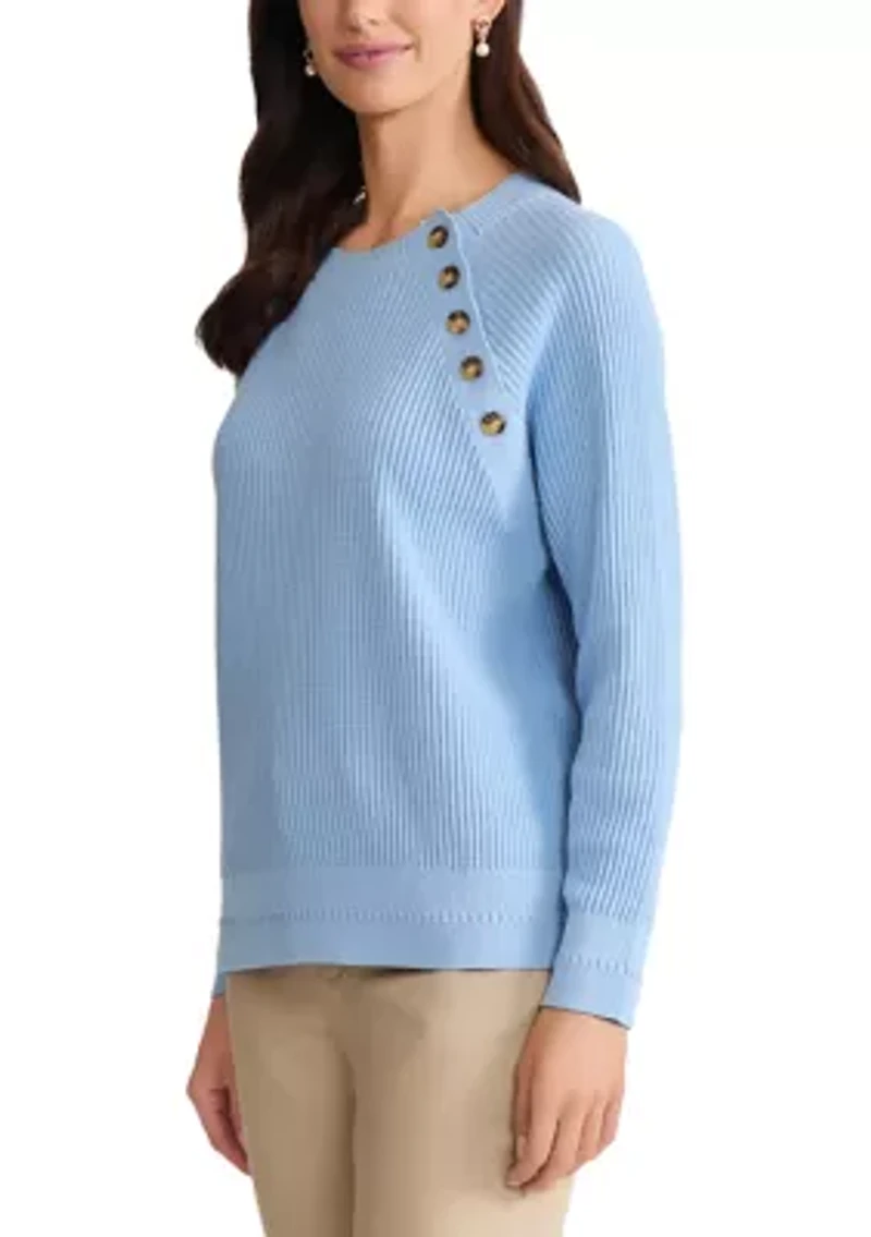 Women's Button Shoulder Raglan Sleeve Crew Neck Sweater
