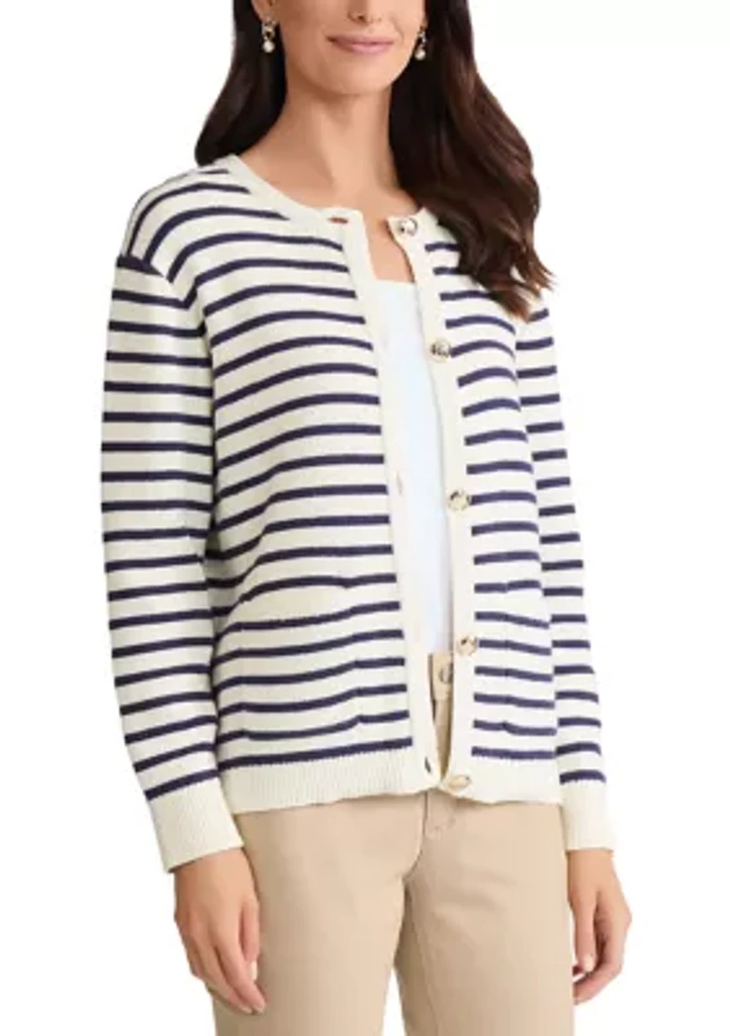 Women's Striped Cardigan with Patch Pockets