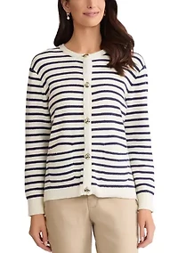 Petite Button Front Striped Cardigan with Patch Pockets