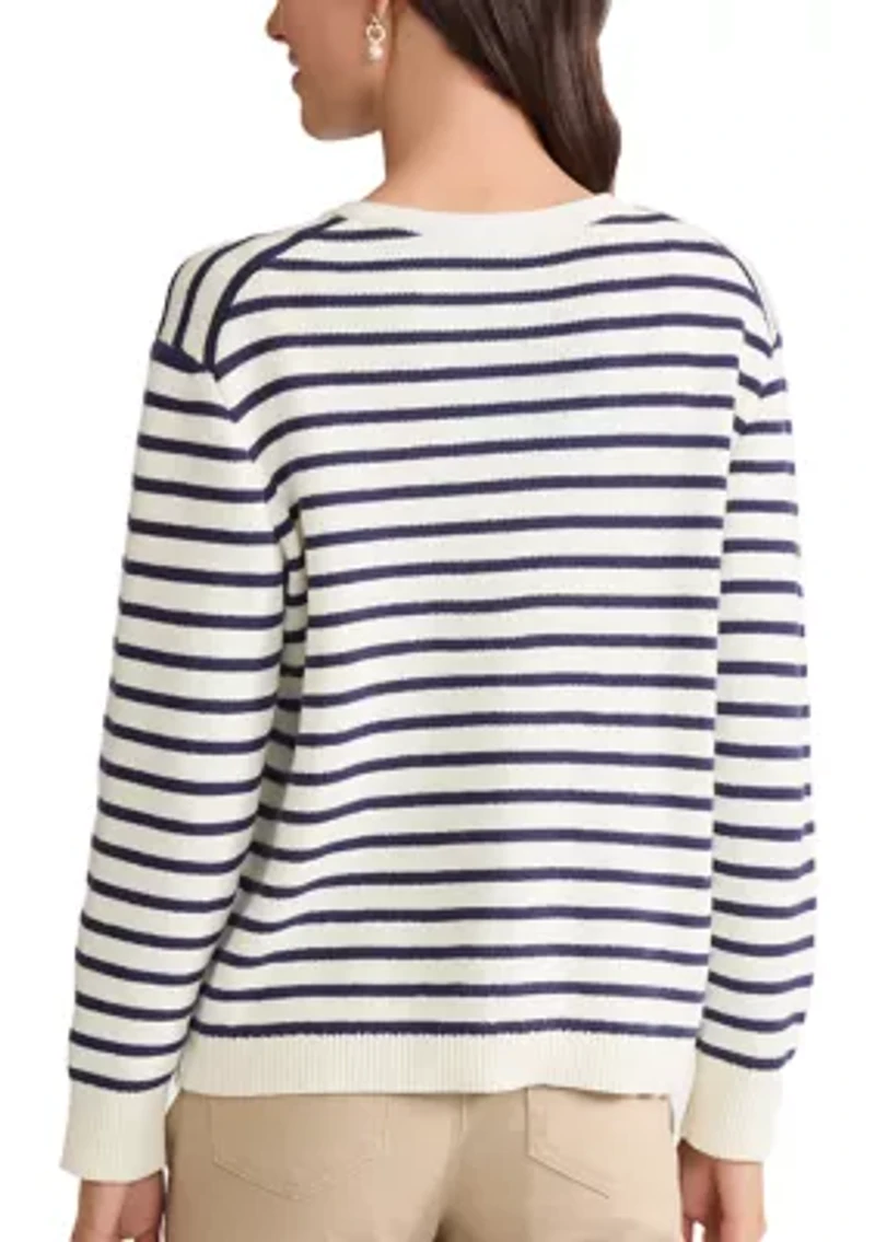 Petite Button Front Striped Cardigan with Patch Pockets