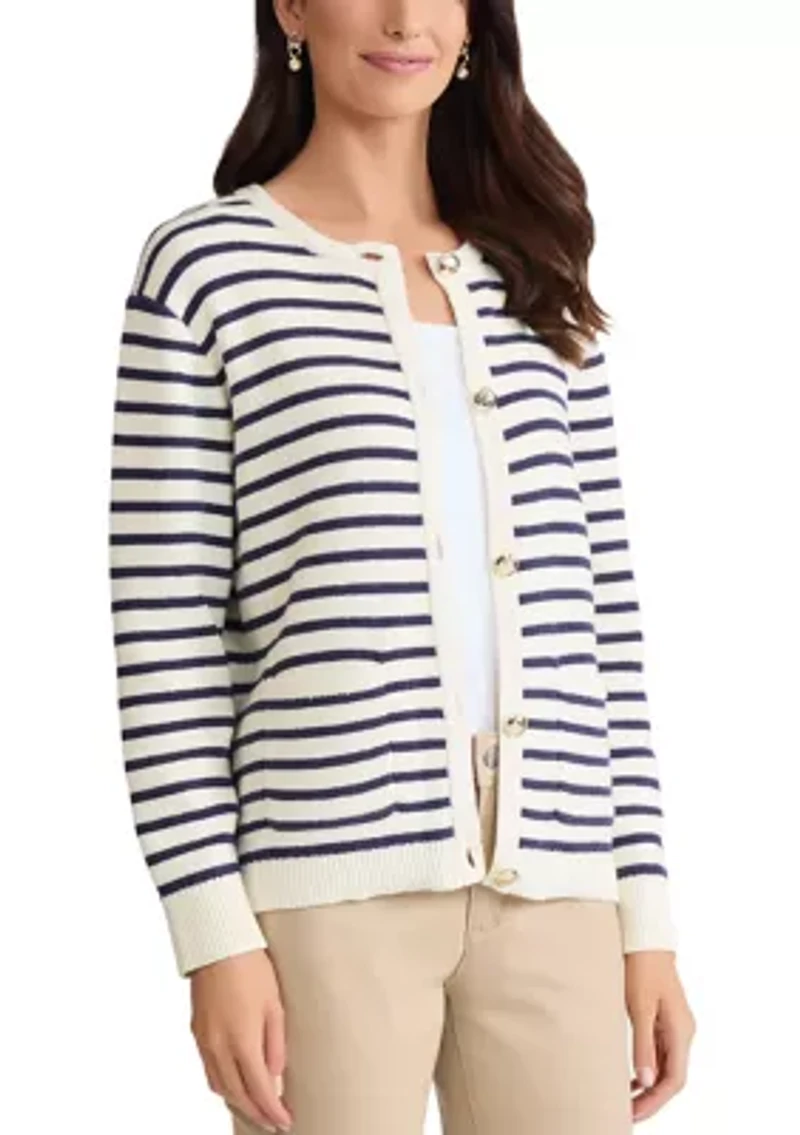 Petite Button Front Striped Cardigan with Patch Pockets