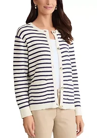Petite Button Front Striped Cardigan with Patch Pockets
