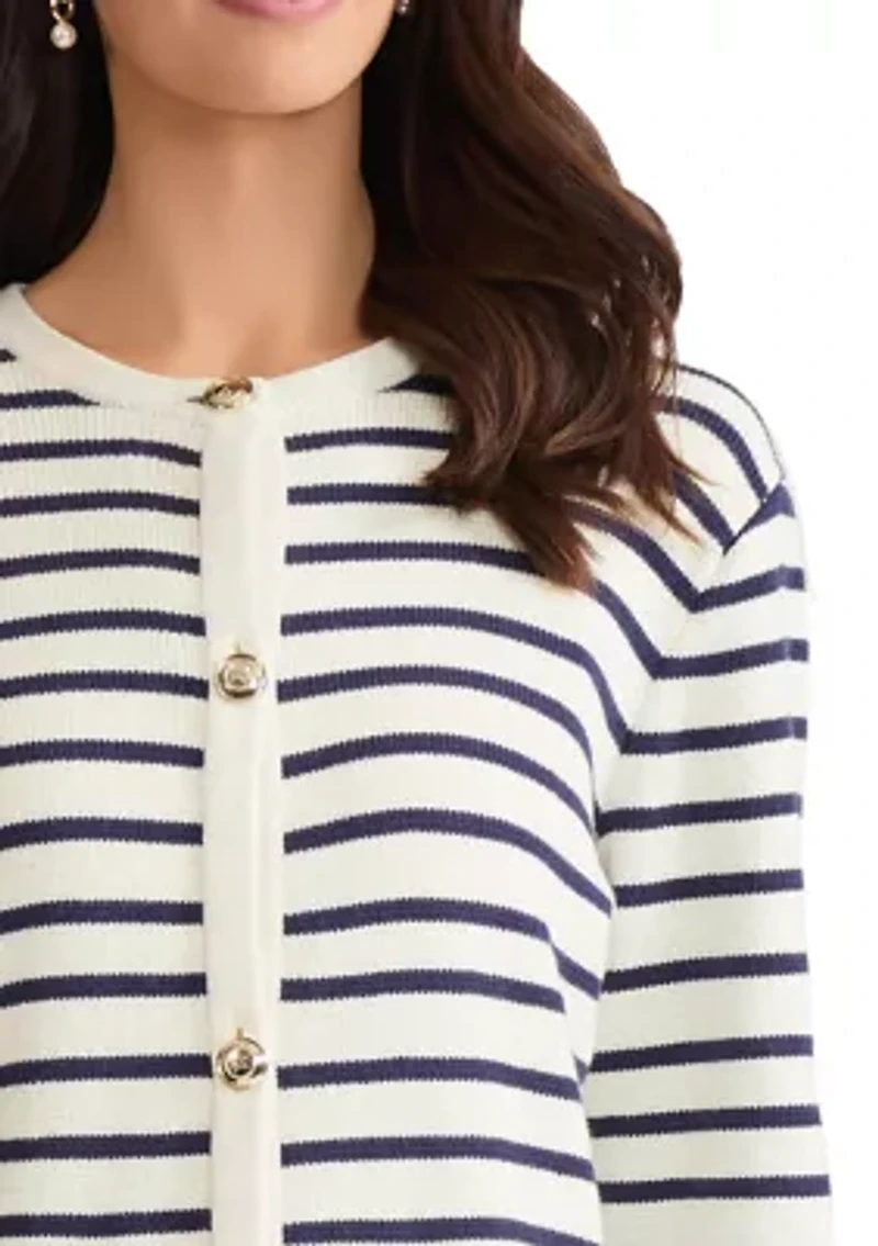 Petite Button Front Striped Cardigan with Patch Pockets