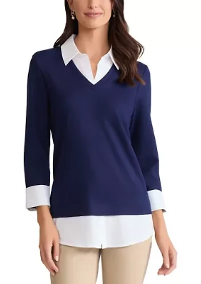 Women's Long Sleeve Poplin Trim V-Neck Top
