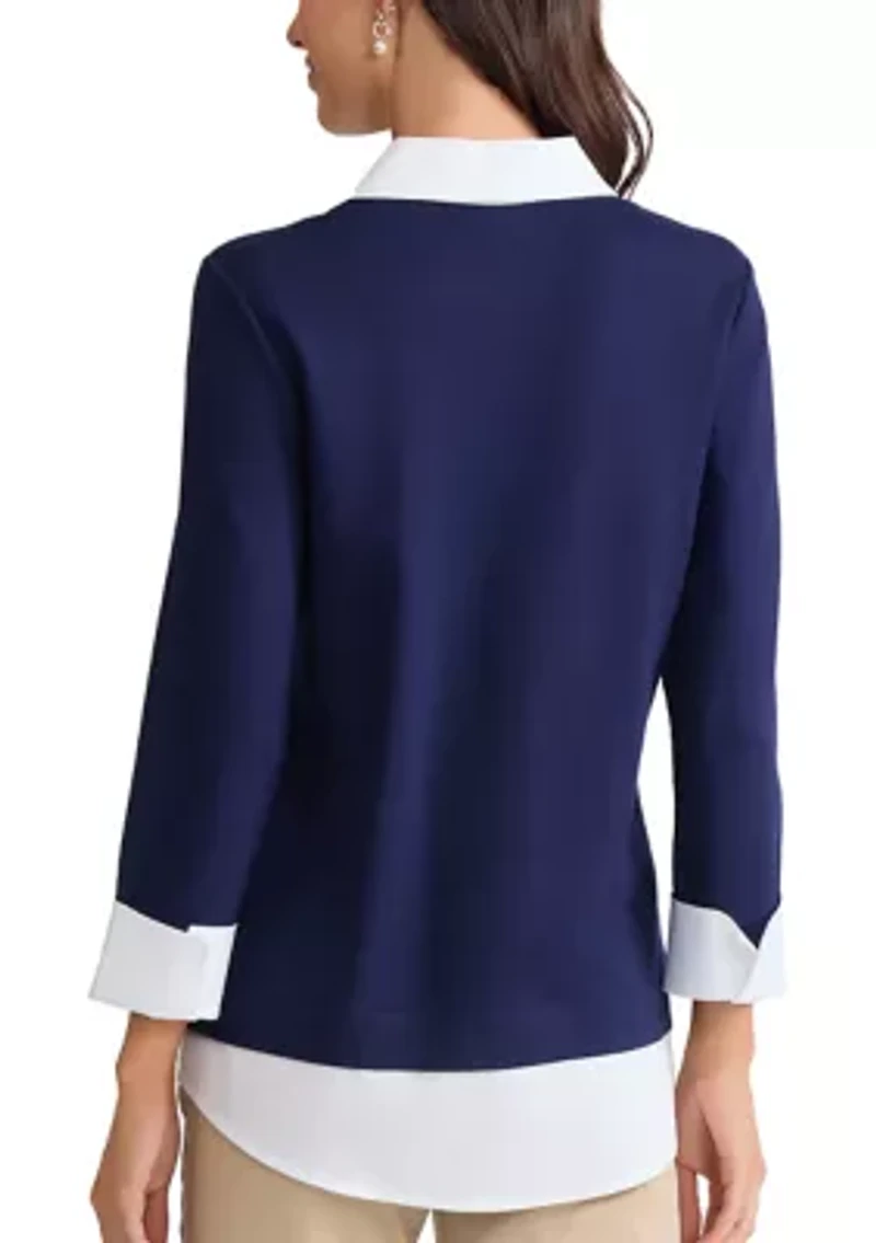 Women's Long Sleeve Poplin Trim V-Neck Top
