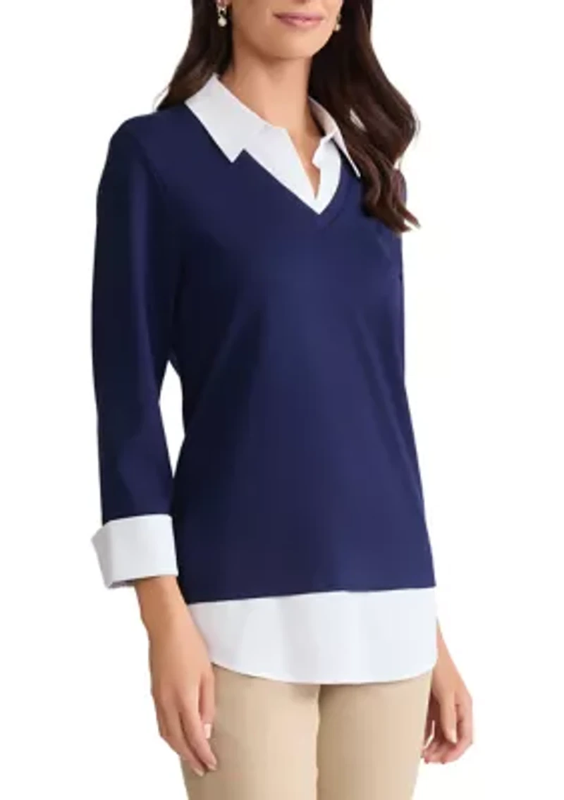 Women's Long Sleeve Poplin Trim V-Neck Top