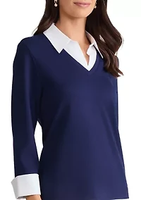 Women's Long Sleeve Poplin Trim V-Neck Top