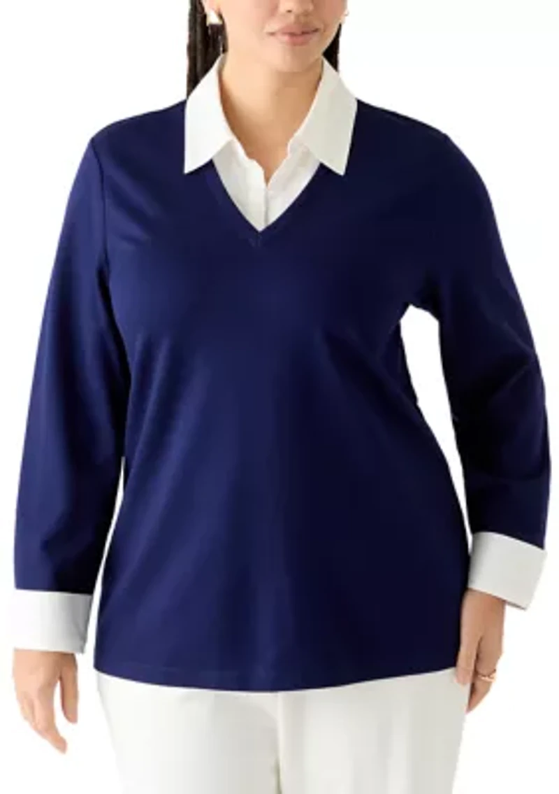 Plus Long Sleeve Poplin V-Neck Twofer Top