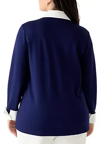 Plus Long Sleeve Poplin V-Neck Twofer Top
