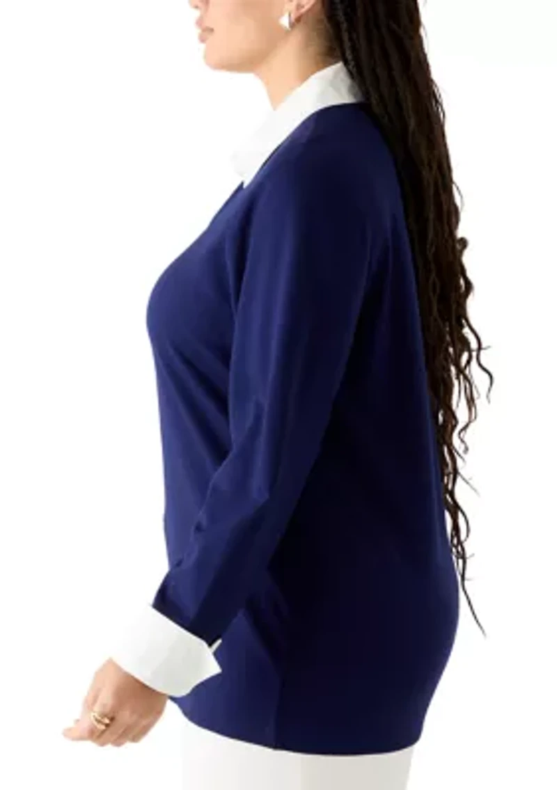 Plus Long Sleeve Poplin V-Neck Twofer Top