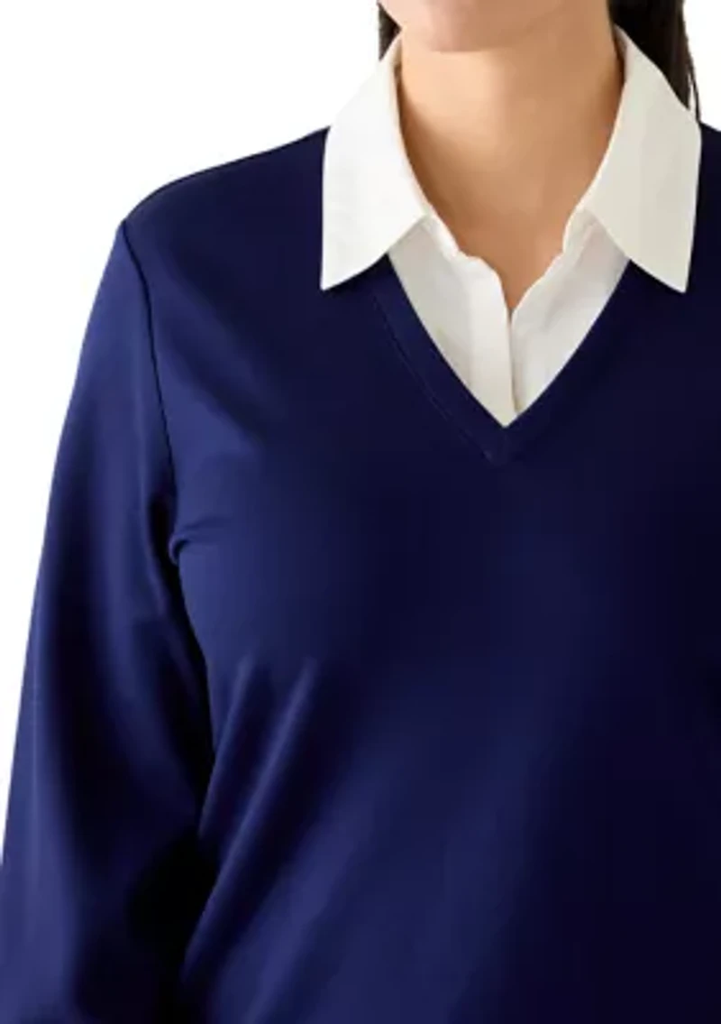 Plus Long Sleeve Poplin V-Neck Twofer Top