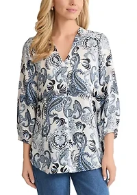 Women's 3/4 Elastic Cuff Sleeve V-Neck Tunic Top