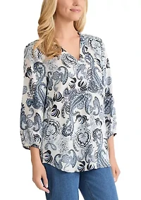 Women's 3/4 Elastic Cuff Sleeve V-Neck Tunic Top