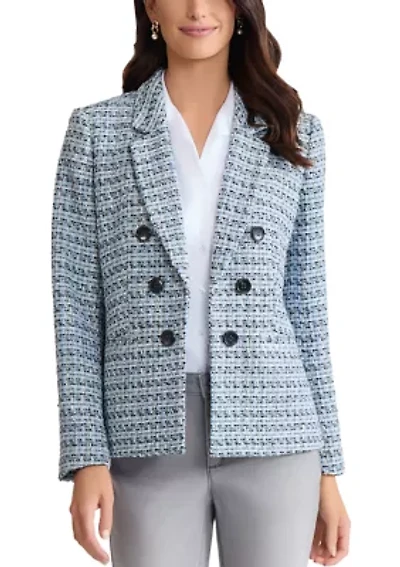 Petite Long Sleeve Faux Double Breasted Tweed Blazer