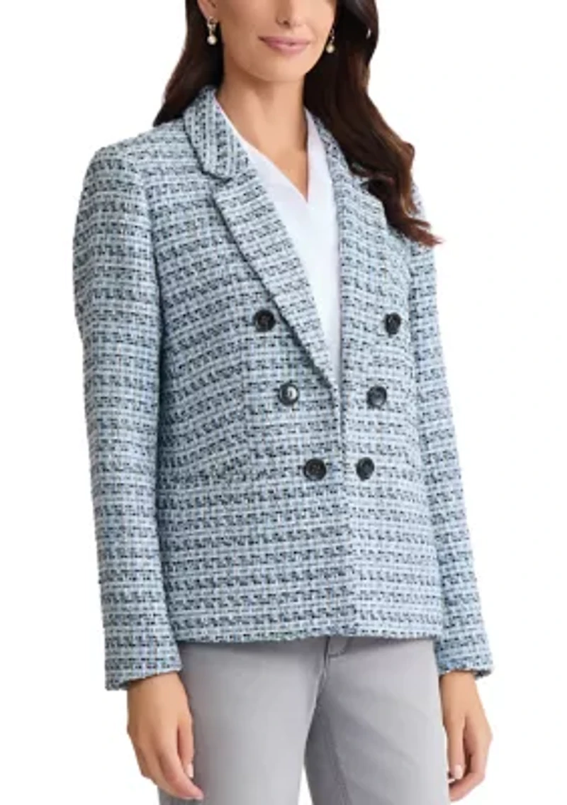 Petite Long Sleeve Faux Double Breasted Tweed Blazer