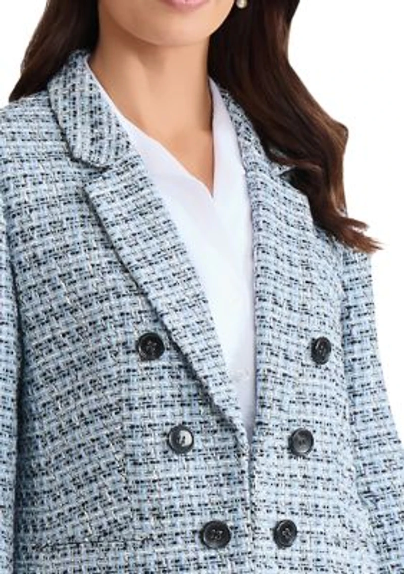 Petite Long Sleeve Faux Double Breasted Tweed Blazer
