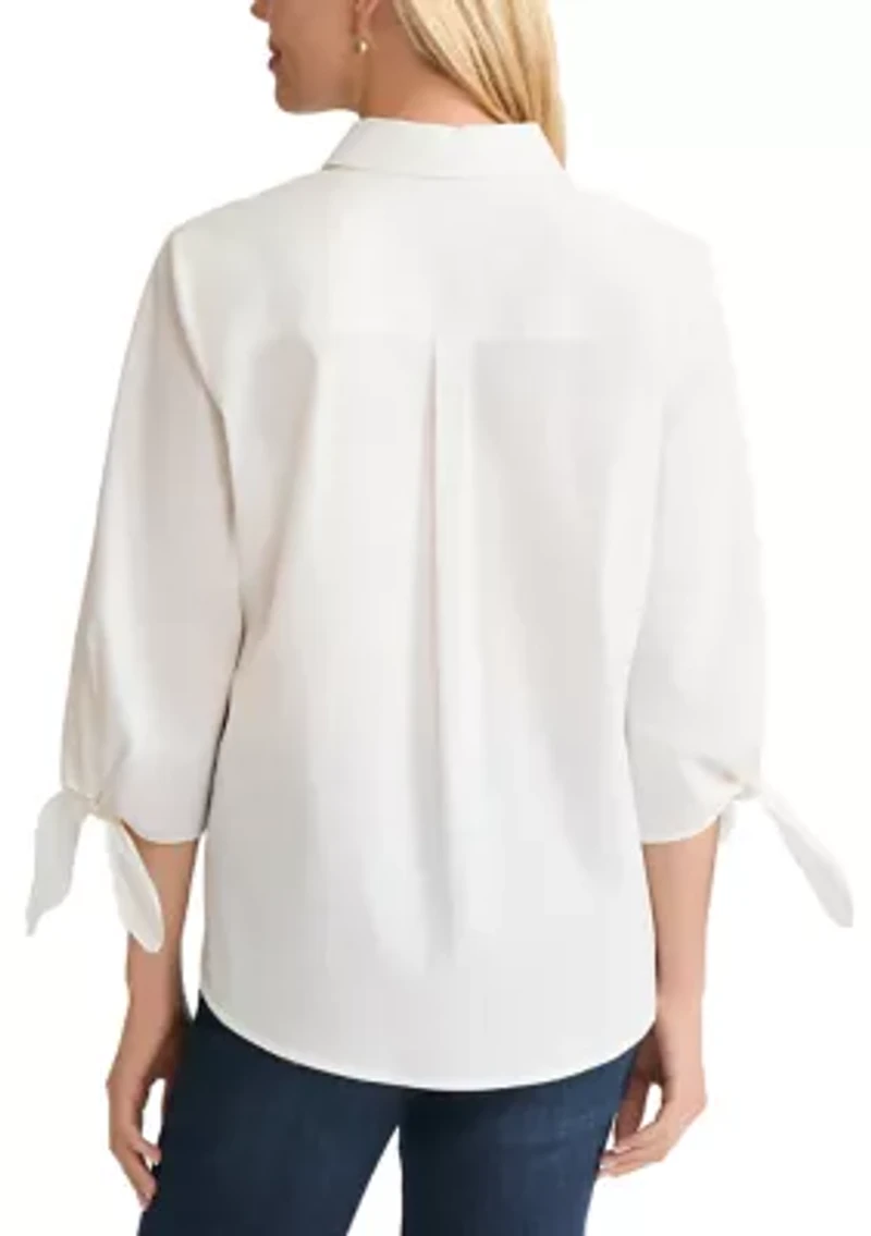 Women's Three-Quarter Tie Sleeve Button Front Shirt