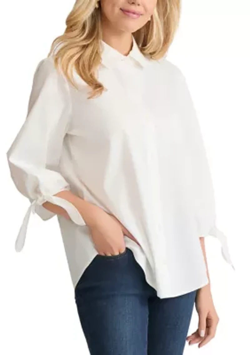Women's Three-Quarter Tie Sleeve Button Front Shirt