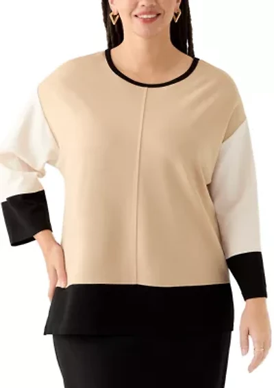 Plus Color Blocked 3/4 Dolman Sleeve Seam Detail Tunic Serenity Knit