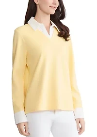 Women's Long Sleeve Eyelet Trim Twofer Top